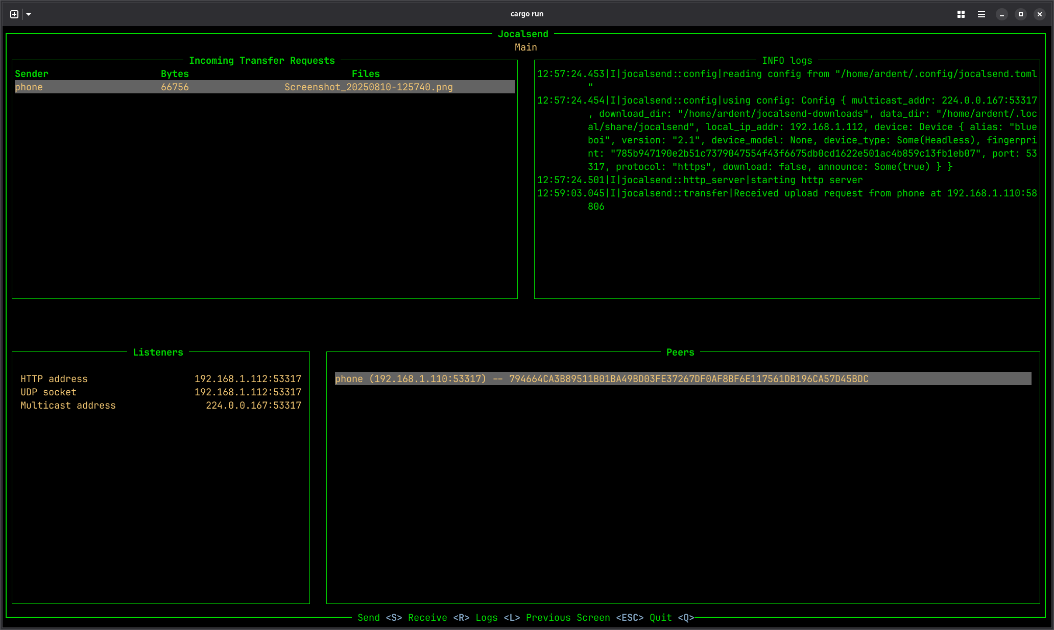 incoming transfer request in main screen