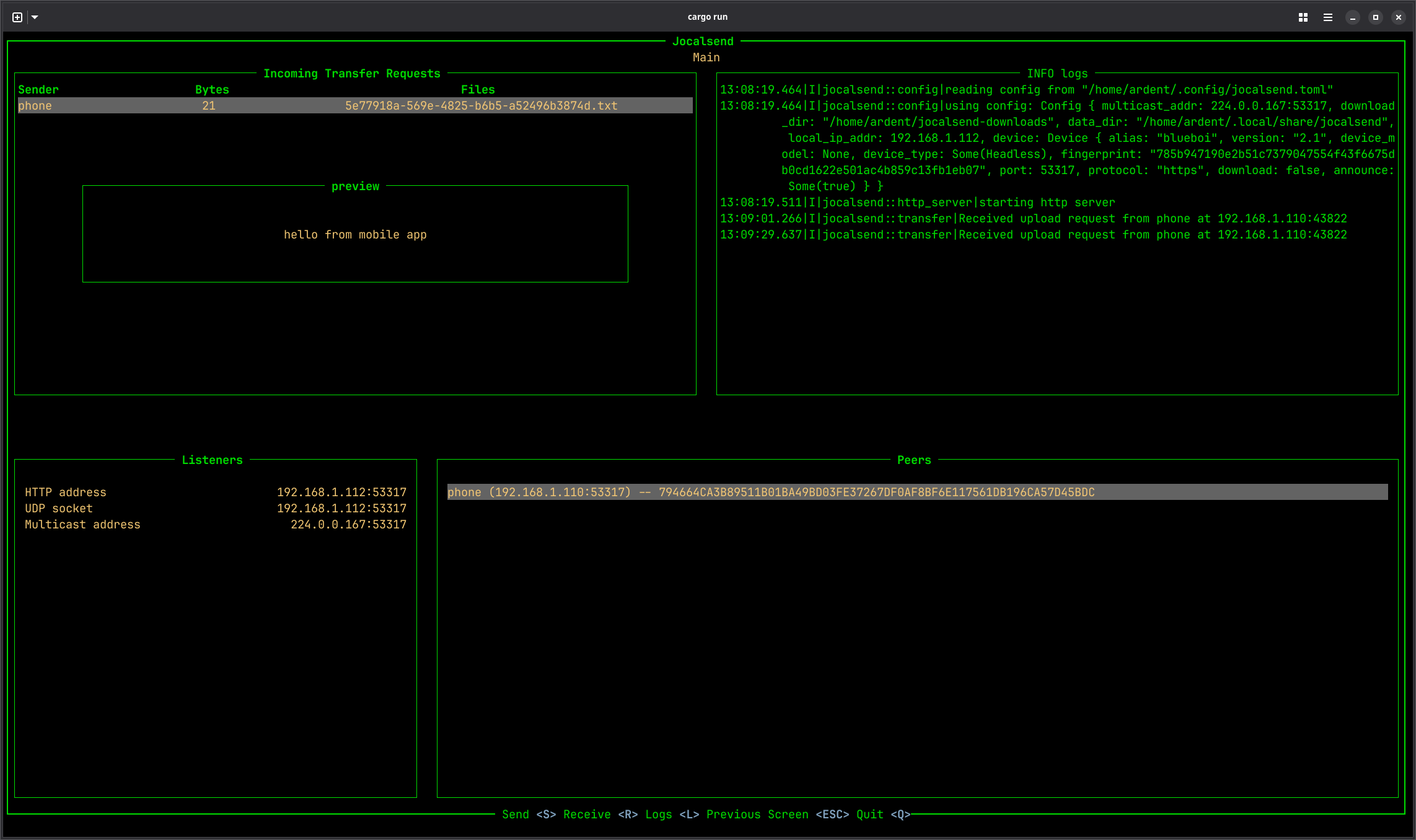 receiving text with preview in the main screen